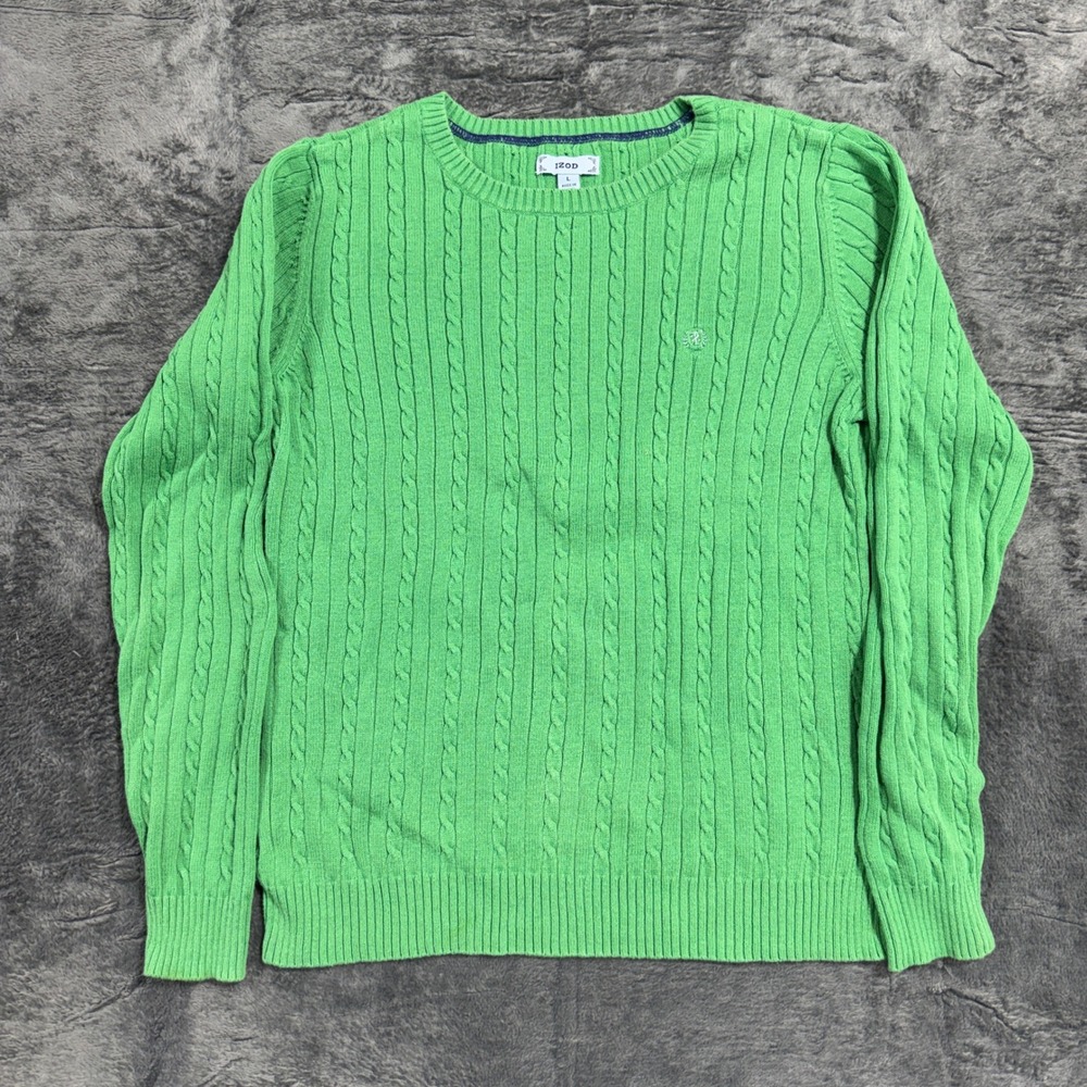 IZOD Cable‎ Knit Sweater Womens Large Green Cotton Crew Neck Long Sleeve PC-759